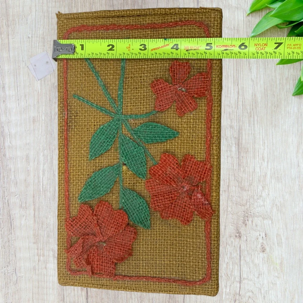 Vintage 1970's OOAK Burlap Covered Trinket Storage Box Hinged Lid Flowers Hippie